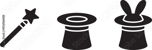 Magic performance icons wand top hat and rabbit in hat isolated on transparent background