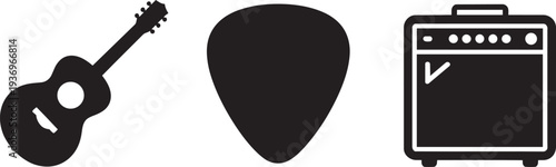 Music and guitar accessories icons for creative art and entertainment performance