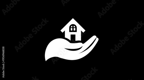 A white house icon cradled gently in a hand, contrasted on a black background
