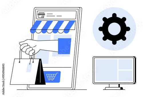 E-commerce concept. E-commerce with a smartphone storefront, gear icon, and computer screen. E-commerce driving online shopping and business growth. For retail, tech solutions, and startups