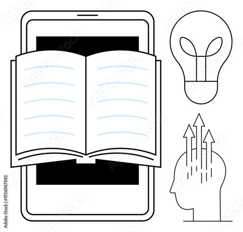 Digital learning concept. Open book on tablet e-learning and knowledge sharing. Digital learning enhances creativity and innovation. For education, technology, innovation, e-learning, ideas