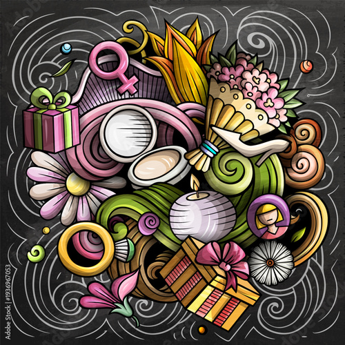 Happy Womens Day hand drawn cartoon doodles illustration. Spring Holiday funny objects and elements design. Creative colorful vector background.