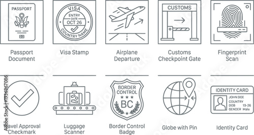 Collection of travel and airport security line icons including passport visa and customs gate