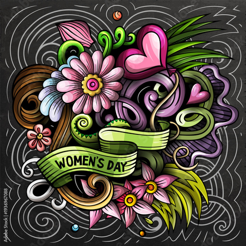 Happy Womens Day hand drawn cartoon doodles illustration. Spring Holiday funny objects and elements design. Creative colorful vector background.