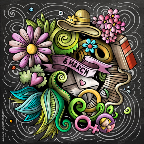 Happy Womens Day hand drawn cartoon doodles illustration. Spring Holiday funny objects and elements design. Creative colorful vector background.
