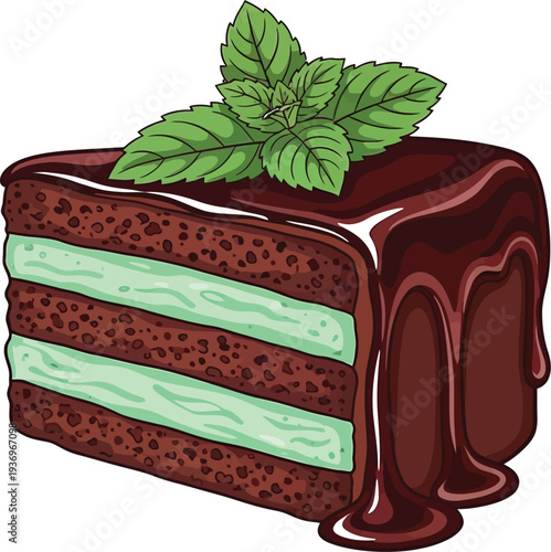 A slice of chocolate cake with mint frosting and leaves on top