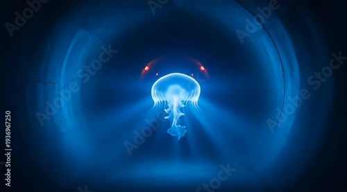 Glowing Jellyfish Bioluminescent Orb Floating in Dark Underwater Tunnel Cinematic Scene