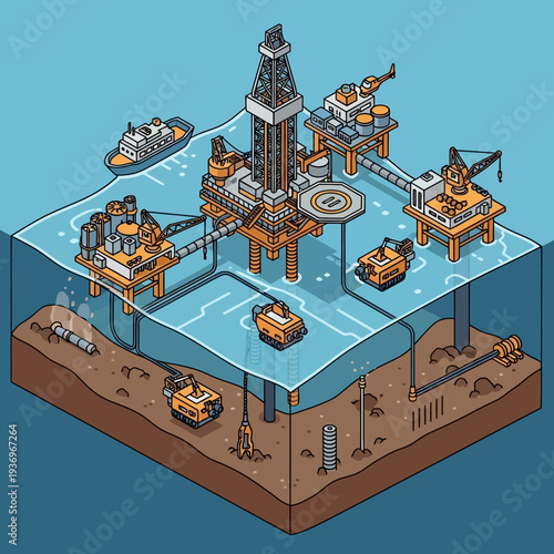 Isometric illustration of an offshore oil rig with various machinery and equipment.