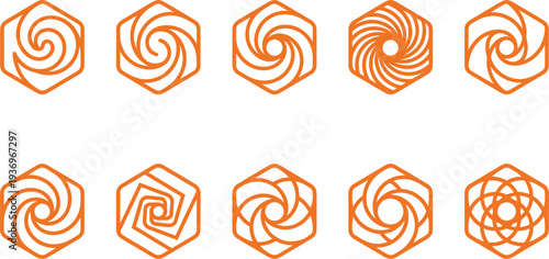 Abstract hexagon spiral logo set with rotating swirl line patterns, modern geometric emblem collection for corporate branding, technology identity,