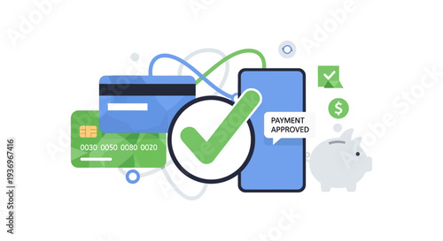 Mobile Payment Approved Illustration. Successful Online Transaction via Smartphone, Credit Card, and Digital Wallet Concept.