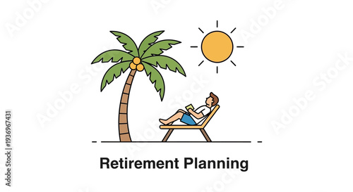 Retirement Planning and Financial Freedom Concept. Man Relaxing in Beach Chair Under Palm Tree. Ideal Future Lifestyle Illustration.