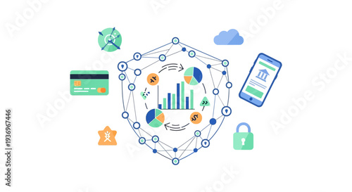 Secure Fintech Network Concept Illustration. Digital Finance, Data Protection, Mobile Banking, and Business Analysis.