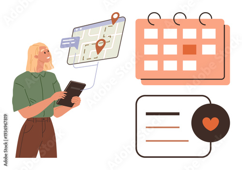 Navigation, scheduling, planning, communication, technology, organization. Woman checking a tablet with a map and pin, a calendar and a favorite icon. Navigation and scheduling concept