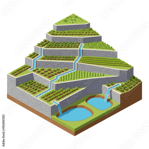 Terraced farming landscape with irrigation system and water reservoirs.