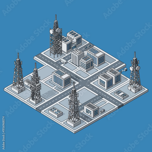Isometric illustration of a futuristic city block with towers and infrastructure.