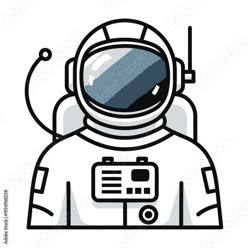 Astronaut in white spacesuit wearing a helmet with reflective visor and equipment in a minimalist illustration style