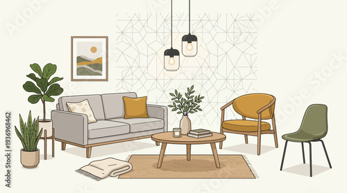 Modern Scandinavian Interior Design Elements Set with Sofa Chair Table and Home Decor Vector