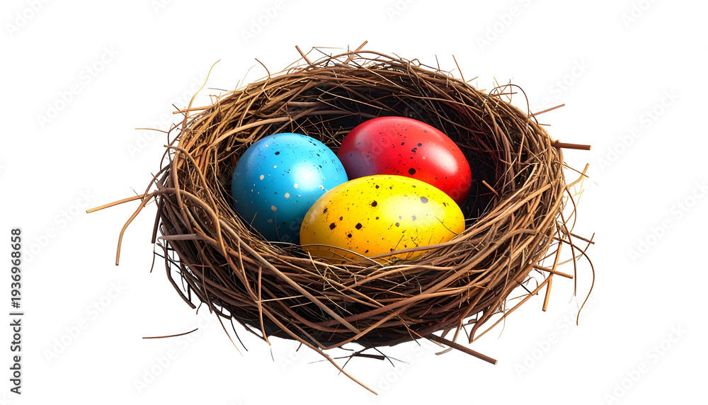Obraz premium A bird's nest contains three decorated eggs in blue, red, and yellow, on a black background