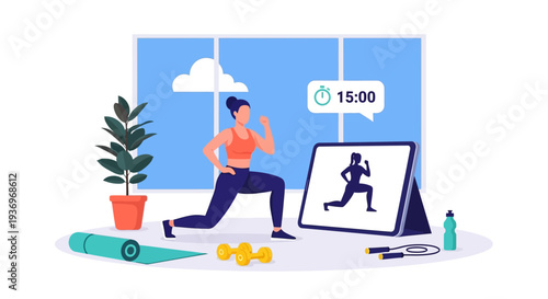 Active woman doing lunges at home, guided by an online fitness vector illustration on a digital tablet.
