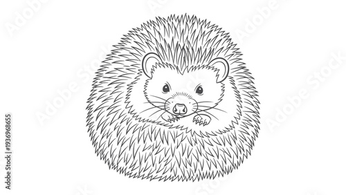 Cuddly Hedgehog Illustration: A charming black and white illustration of a hedgehog curled up, inviting you to embrace its endearing features and intricate details. 