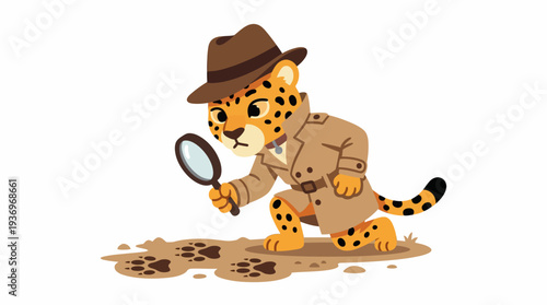 Curious cheetah detective with a magnifying glass investigating paw prints on the ground, embodying a sense of mystery and exploration
