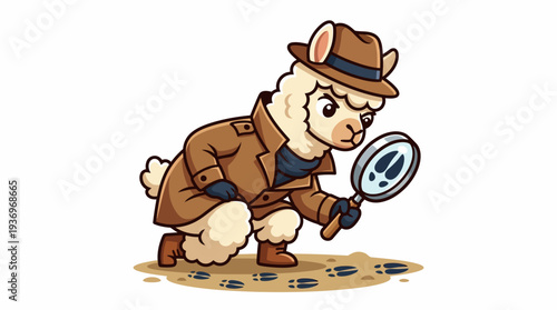 An adorable illustrated llama detective in a classic trench coat and fedora, carefully examining mysterious footprints with a magnifying glass, perfect for engaging mystery-themed designs