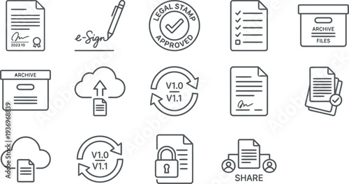 Set of document management and electronic signature line icons for business workflow