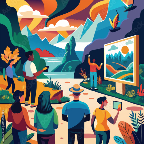 Vector illustration of people viewing and taking pictures of an artwork in a scenic outdoor setting