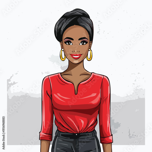 Woman portrait in red top and black pants