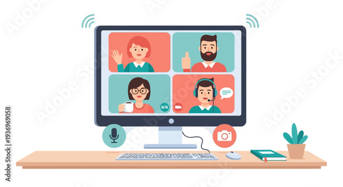 Colorful vector illustration depicting a busy remote team collaborating effectively through an online video conference call display.