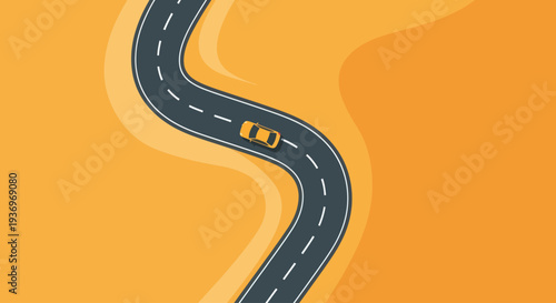 Yellow car driving on a winding road with an orange background.