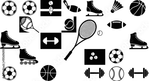 Collection of sports equipment icons on a white background.