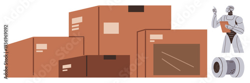 E-commerce logistics, smart warehouses, automated sorting, delivery services, technology, inventory management. Stacked cardboard boxes and a robot with a tablet. E-commerce logistics and smart