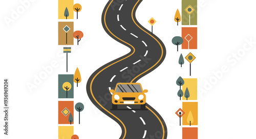 Yellow Car Driving on a Winding Road with Stylized Trees and Signs