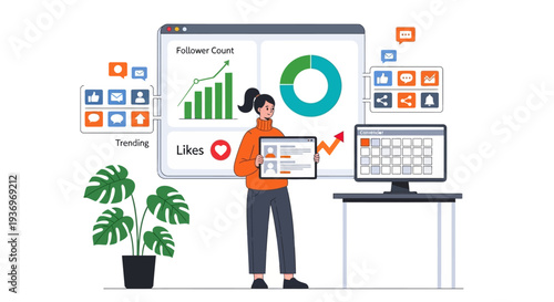 Vector illustration of a marketer analyzing social media engagement metrics displayed on a large dashboard interface.