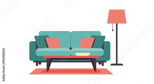 A modern living room scene with a cozy sofa, coffee table, and floor lamp.