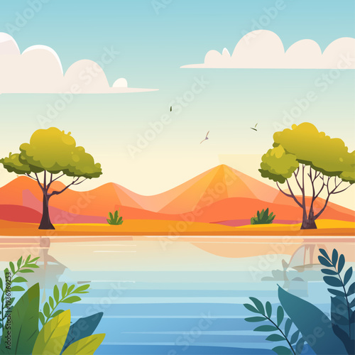 Vibrant African landscape with calm water and savanna sunset.