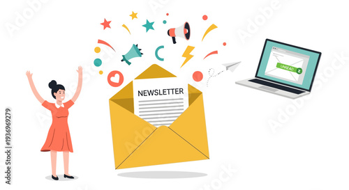 Dynamic vector illustration showing a woman celebrating a successful email marketing newsletter campaign and digital outreach