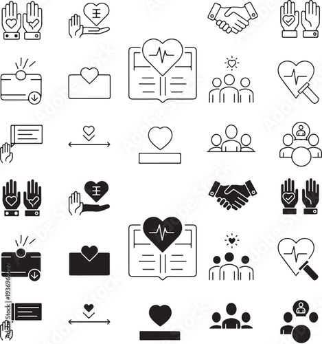  Human care and charity line icon set. Volunteering, social support and kindness symbols in thin outline style for web interface, infographic and business design..eps