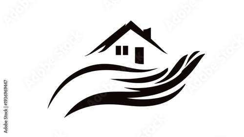 Black graphic of a house with windows and door, cradled by a stylized, open hand