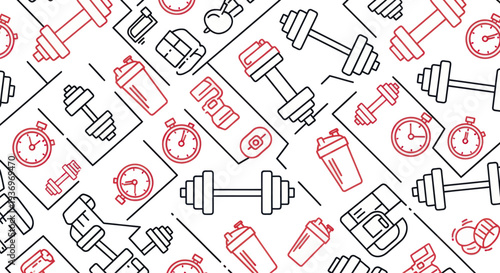 Seamless pattern of fitness and gym equipment icons on white background.