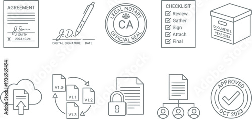 A collection of hand drawn icons representing legal documents, notary services, and file management