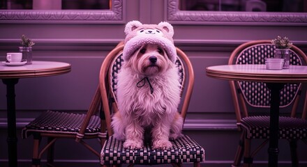 Cute dog wearing teddy bear hat sitting in cafe chair alone