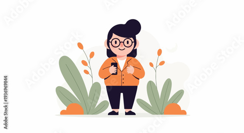 A stylized person in a colorful jacket holds a phone amidst whimsical foliage