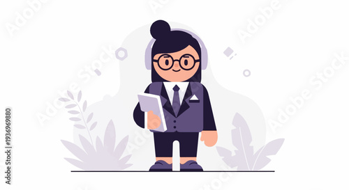 Cartoon professional woman in glasses and headphones holding a tablet, with plants