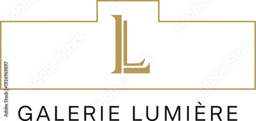 A logo of Galerie Lumiere with a gold and black design on a white background