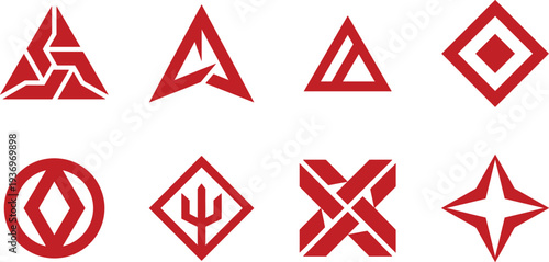 Abstract red geometric logo collection featuring triangle emblems, diamond shapes, star symbols and modern minimal branding marks for corporate identity,