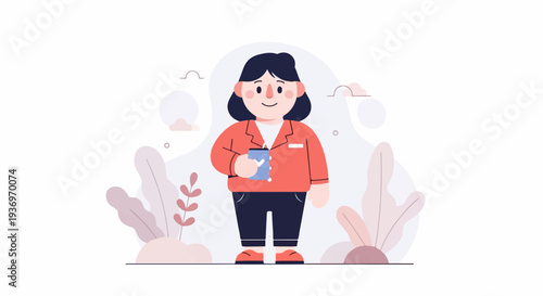 Stylized illustration of a person in casual attire holding a mug, surrounded by abstract plant shapes and soft cloud-like elements