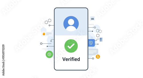 Mobile Phone Screen Displaying Verified User Account Status. Secure Digital Identity Confirmation with Green Checkmark UI/UX Illustration.