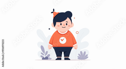 Whimsical cartoon character with orange shirt and a checkmark on it
